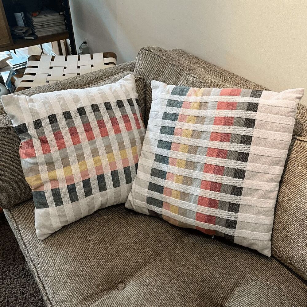 Set 2 Modern Woven Throw Pillows 18x18 Multicolor Grid Pattern Scandi MCM